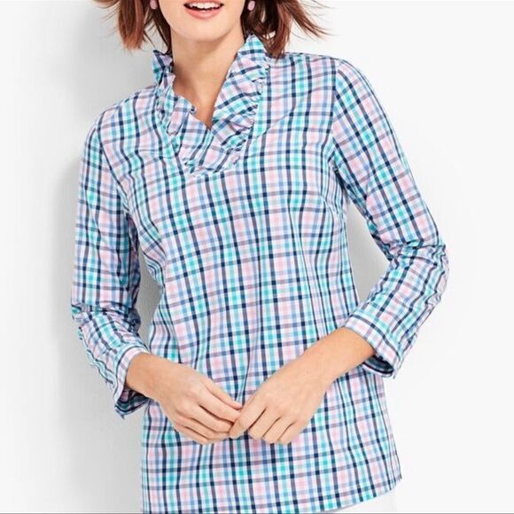 Talbots Ruffle Neck Gingham Shirt Blouse - Picture 1 of 10
